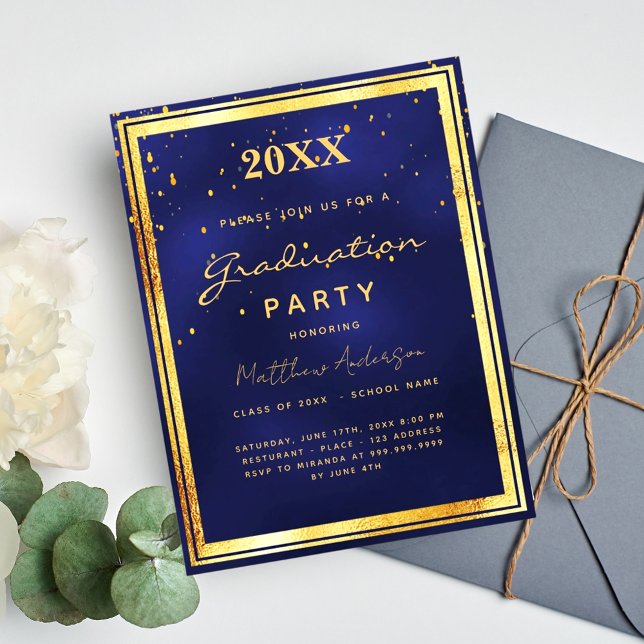 Invitación de oro azul marino de la fiesta de grad (Subido por el creador)