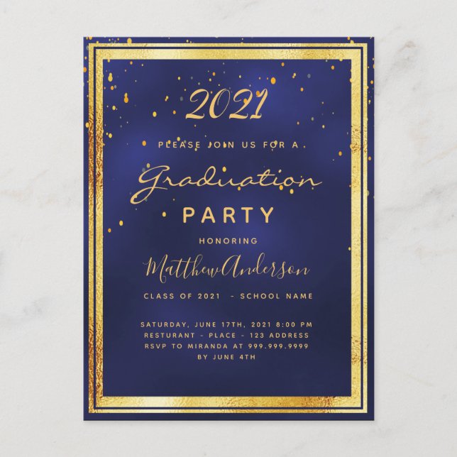 Invitación de oro azul marino de la fiesta de grad (Anverso)