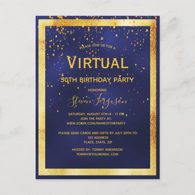 Invitación de oro azul para fiesta de cumpleaños v (Anverso)