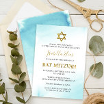 Invitación de oro azul para la coloración de agua<br><div class="desc">Invitación de oro azul para la coloración de agua de Bat Mitzvah</div>