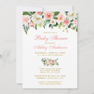Invitación de oro blanco con flores rosadas de Bab