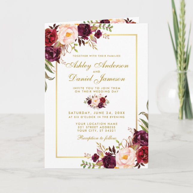 Invitación de oro de Boda floral de Borgoña (Anverso)