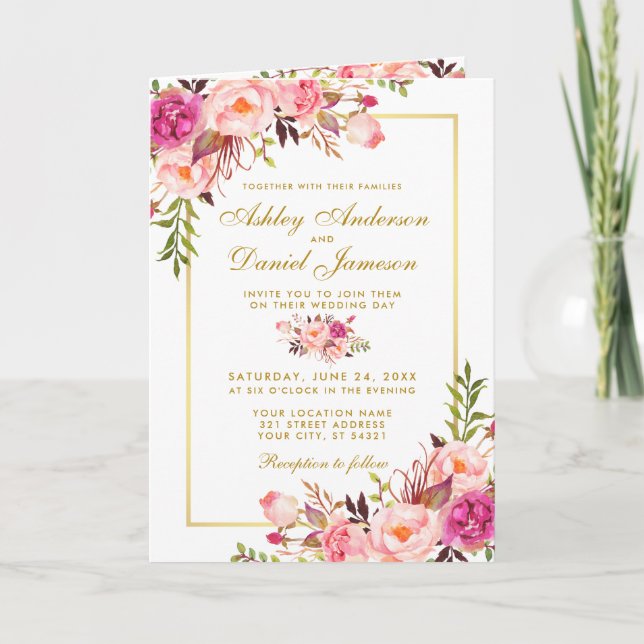 Invitación de oro de Boda floral rosa todo en uno (Anverso)