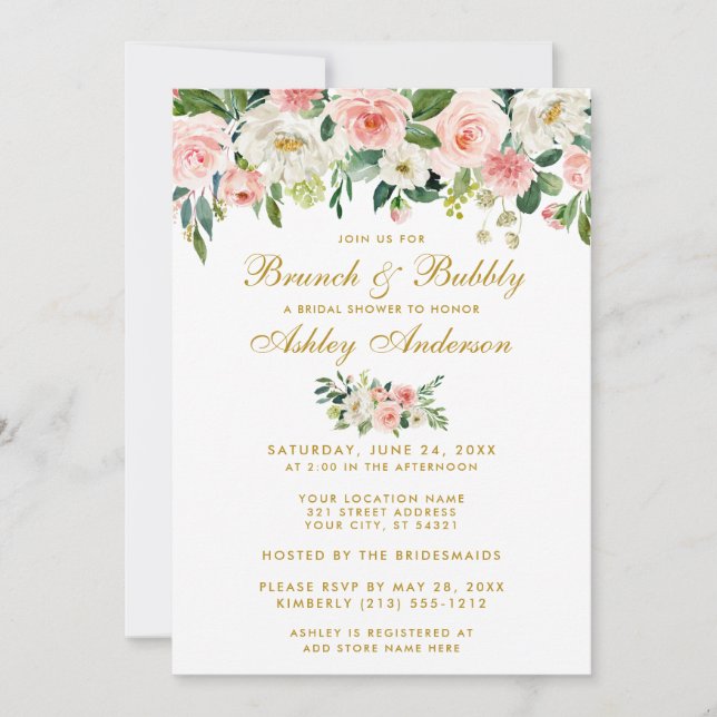 Invitación De Oro De Brunch De Bridal De Floral Ro (Anverso)