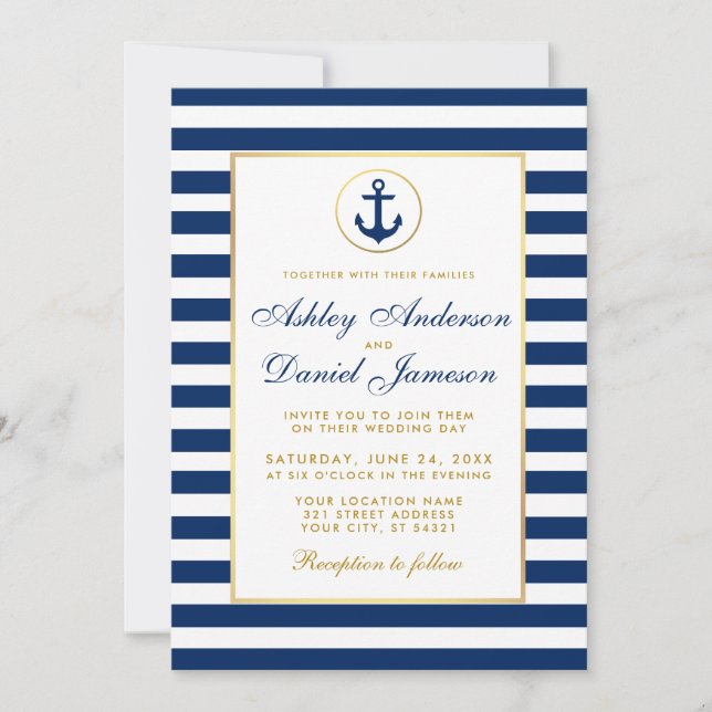 Invitación de oro de franjas azules Bodas náuticas (Anverso)