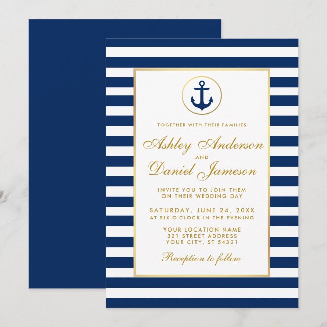 Invitación de oro de franjas azules de Boda náutic (Anverso / Reverso)