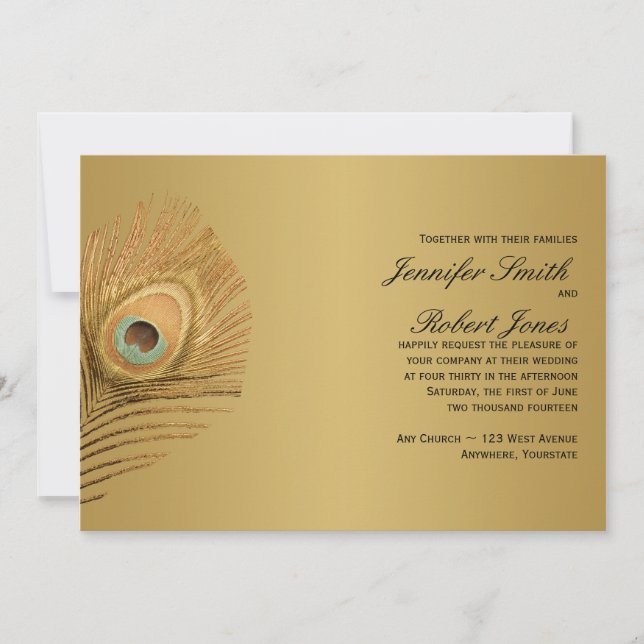 Invitación de oro de la boda del pavo real (Anverso)