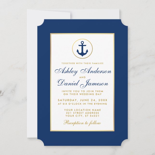 Invitación de oro del Ancla Azul Boda Náutico W (Anverso)