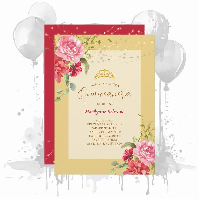 Invitación de oro floral amarilla Quinceañera (Subido por el creador)