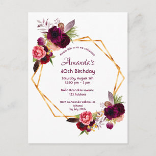 Invitación de oro floral de Birday burgundy