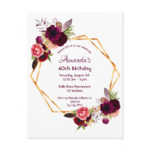 Invitación de oro floral de Birday burgundy