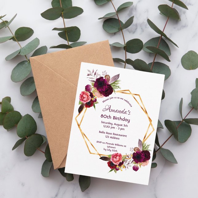 Invitación de oro floral de Borgoña en 80 años (Subido por el creador)