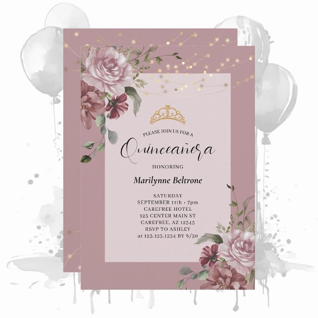 Invitación de oro floral de Quinceañera Dusty Purp (Subido por el creador)
