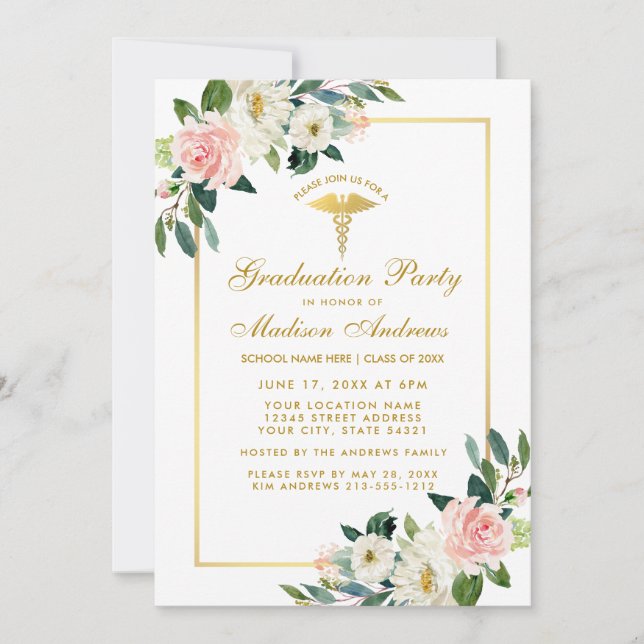 Invitación de oro floral rosado de la fiesta de gr (Anverso)