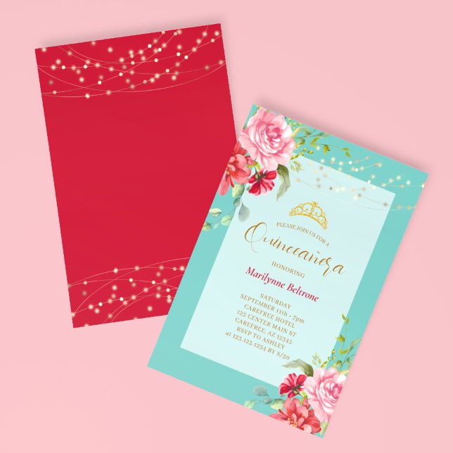 Invitación de oro floral turquesa Quinceañera (Subido por el creador)