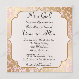 Invitación de oro metálica de Baby Shower del rosa