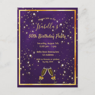 Invitación de oro morado de la fiesta de cumpleaño