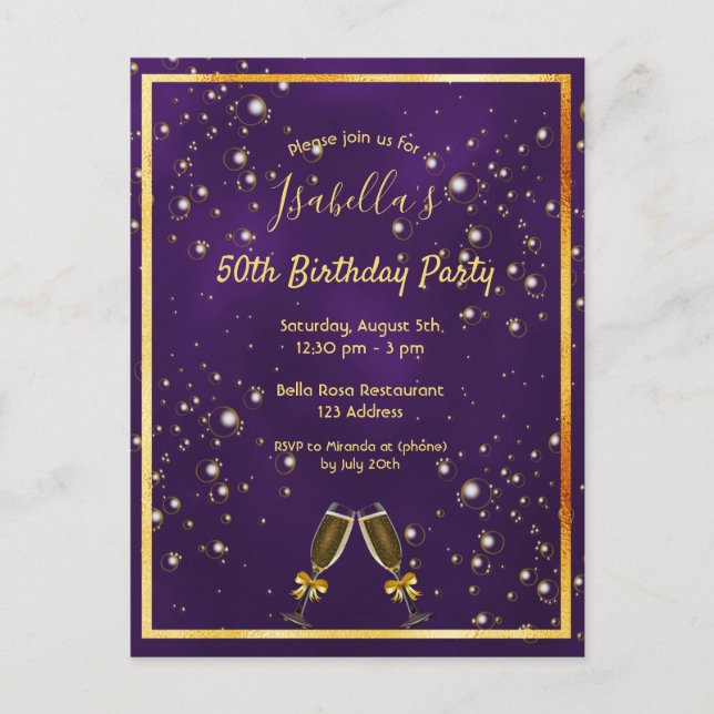 Invitación de oro morado de la fiesta de cumpleaño (Anverso)