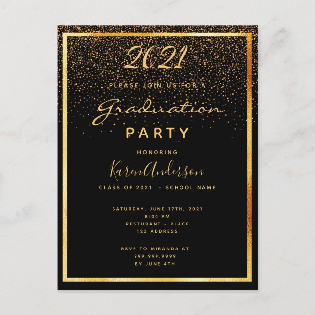 Invitación de oro negro de la fiesta de graduación (Anverso)