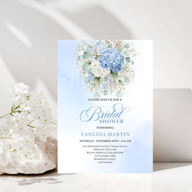 Invitación de oro para baby shower de lujo de hort (Luxury Blue Hydrangea Bridal Shower Gold Invitation)