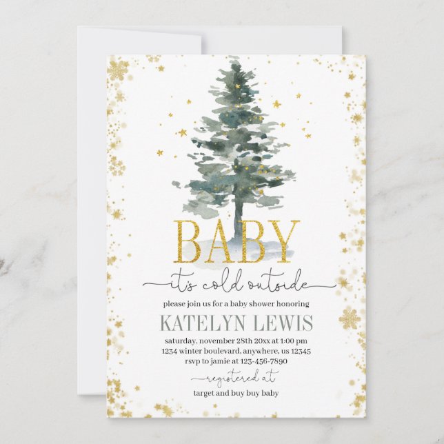 Invitación de oro para Baby Shower en árbol de Nav (Anverso)
