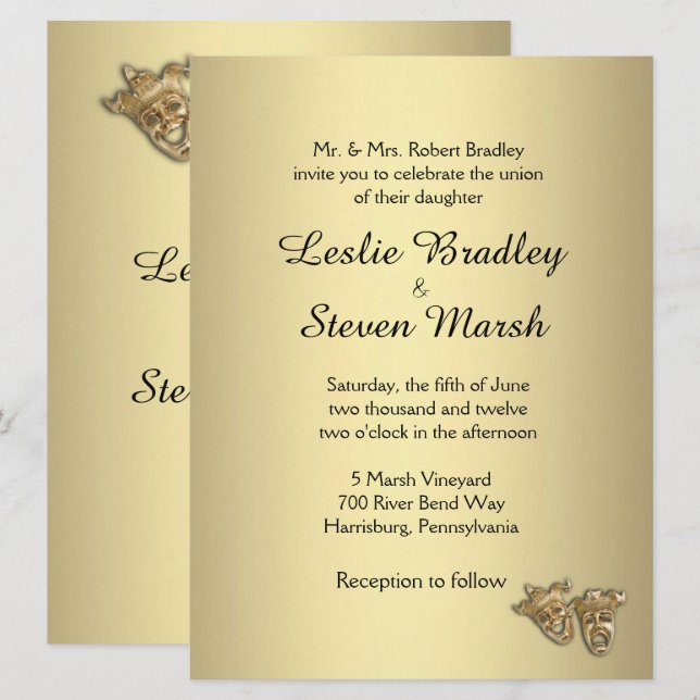 Invitación de oro para Bodas de teatro (Anverso / Reverso)