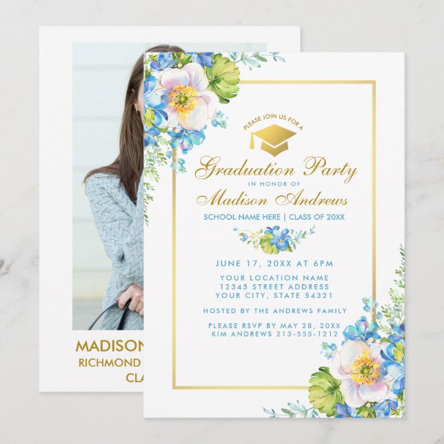 Invitación de oro para Fiesta de Grad Floral Azul  (Anverso / Reverso)
