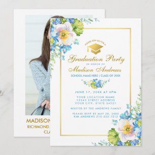 Invitación de oro para Fiesta de Grad Floral Azul