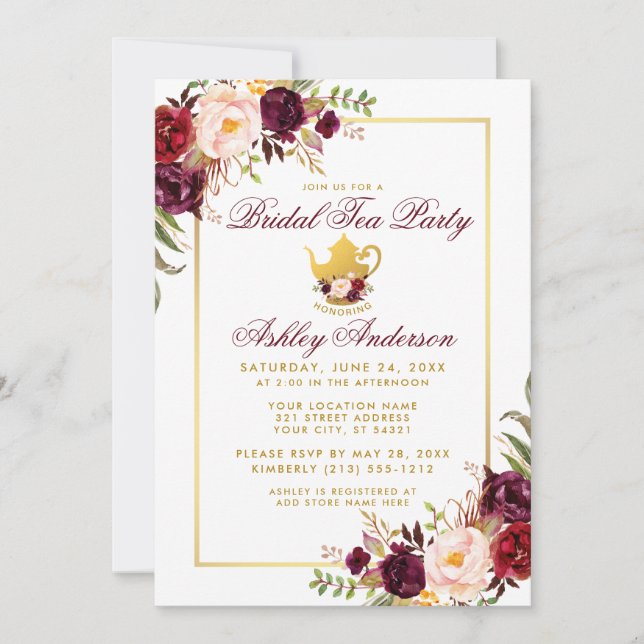Invitación de oro para Fiesta de té de novia borgo (Anverso)