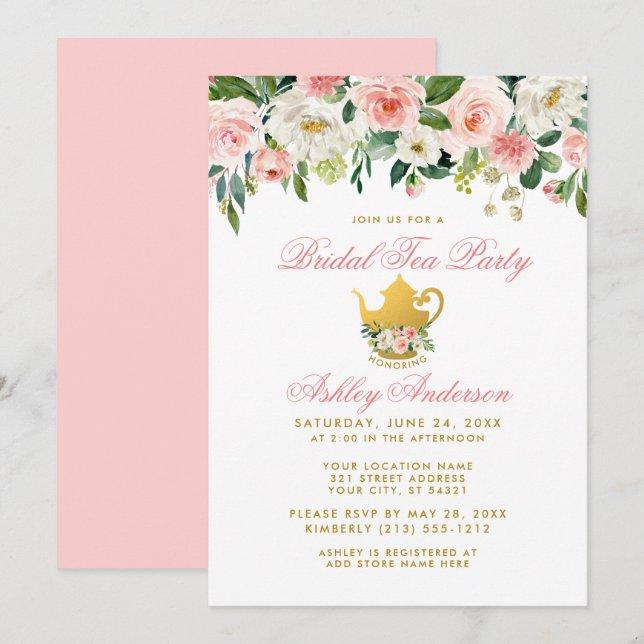 Invitación de oro para Fiesta de té de novia rosa  (Anverso / Reverso)