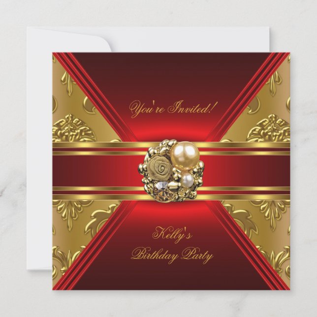 Invitación de oro rojo de la fiesta de cumpleaños  (Anverso)