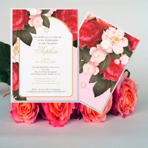 Invitación de oro rosado floral para bebé judío co