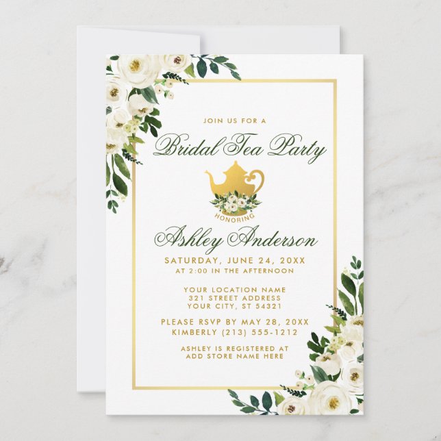 Invitación de oro verde floral Fiesta de té de nov (Anverso)