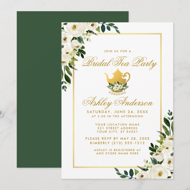 Invitación de oro verde floral Fiesta de té nupcia (Anverso / Reverso)