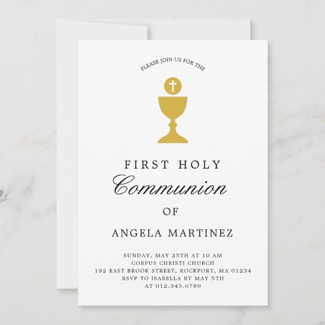 Invitación de oro y blanco de la primera comunión  (Anverso)