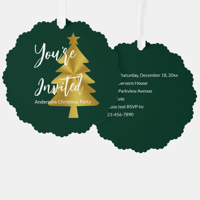 Invitación de oro y blanco verde Fiesta navidades (Anverso/Reverso)