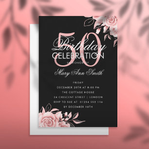 Invitación de oro y negro a Rosa de cumpleaños flo