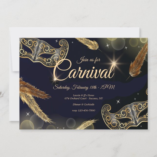 Invitación de oro y negro al carnaval (Anverso)