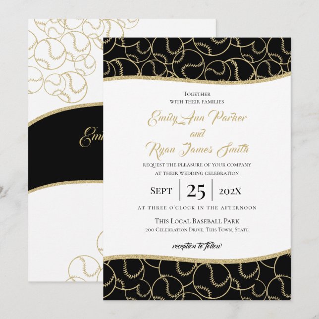 Invitación de oro y negro Boda de béisbol (Anverso / Reverso)