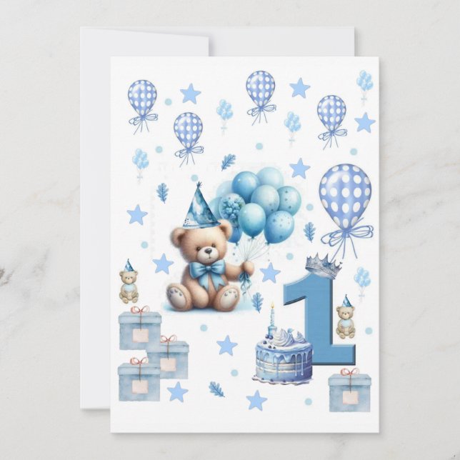 Invitación de osito de cumpleaños azul para niño d (Anverso)