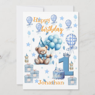 Invitación de osito de cumpleaños azul para niño d