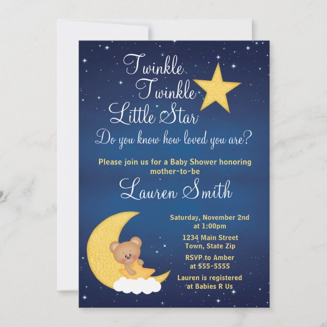 Invitación de oso Baby Shower Twinkle Little Star (Anverso)
