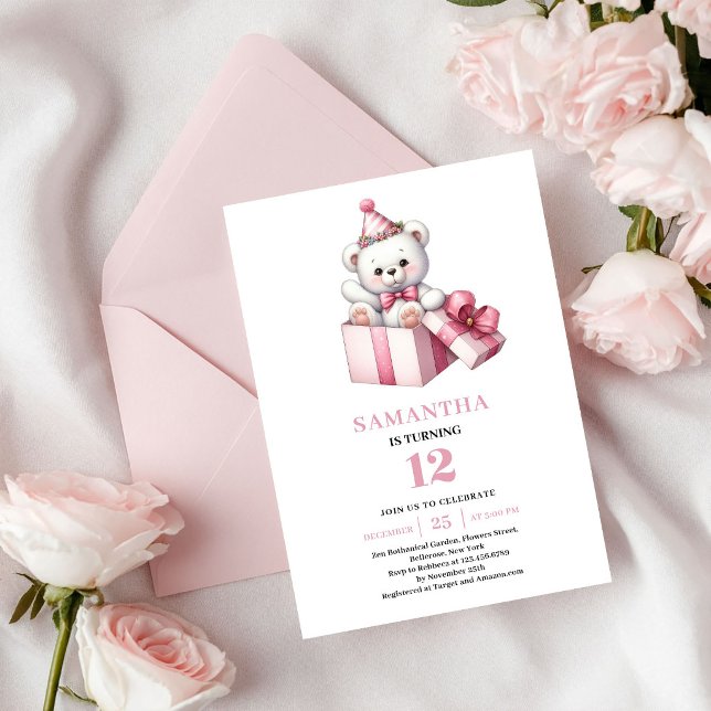 Invitación de Oso de Peluche con Globo para Cumple (Cute Pink Girl Birthday Teddy Bear Balloon Invite)