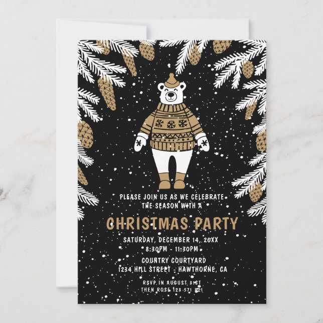 Invitación de oso negro y oro Fiesta navidades (Anverso)