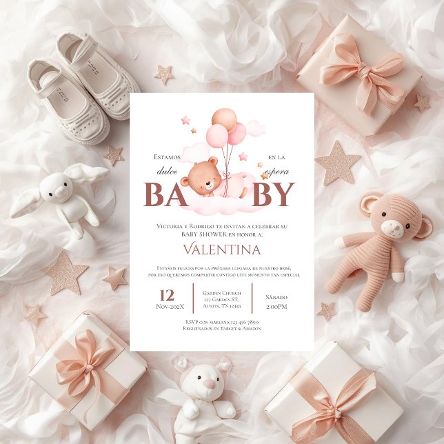Invitación de oso para baby shower de niña en espa (Subido por el creador)