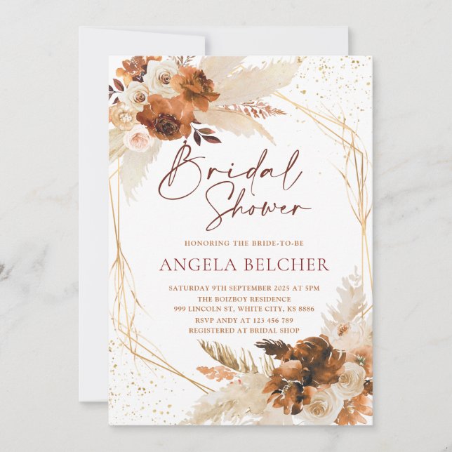 Invitación de otoño a la ducha de novia pampas de  (Anverso)