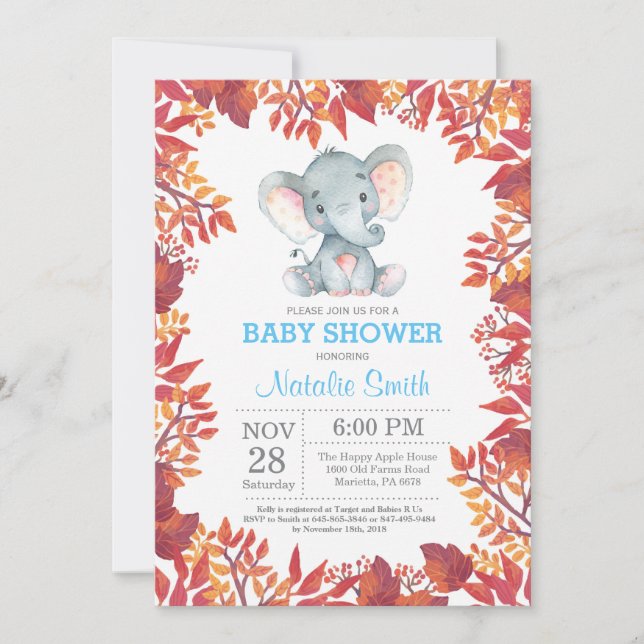Invitación de otoño al Elephant Baby Shower Floral (Anverso)