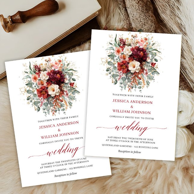 Invitación de Otoño con Floral de Eucalipto Rojo P (Modern Deep Red Floral Eucalyptus Fall Invitation

)
