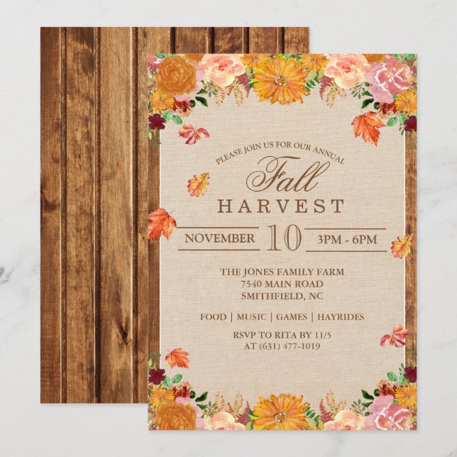 Invitación de otoño de la floral de la cosecha de  (Anverso / Reverso)