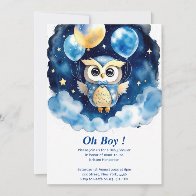 Invitación de Owl Boy Baby Shower (Anverso)